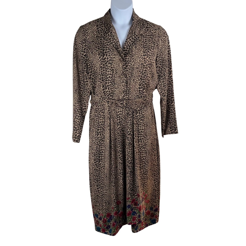 Leslie Fay Dresses Vintage Leopard Print Floral Hem Belted Midi Dress Size 16